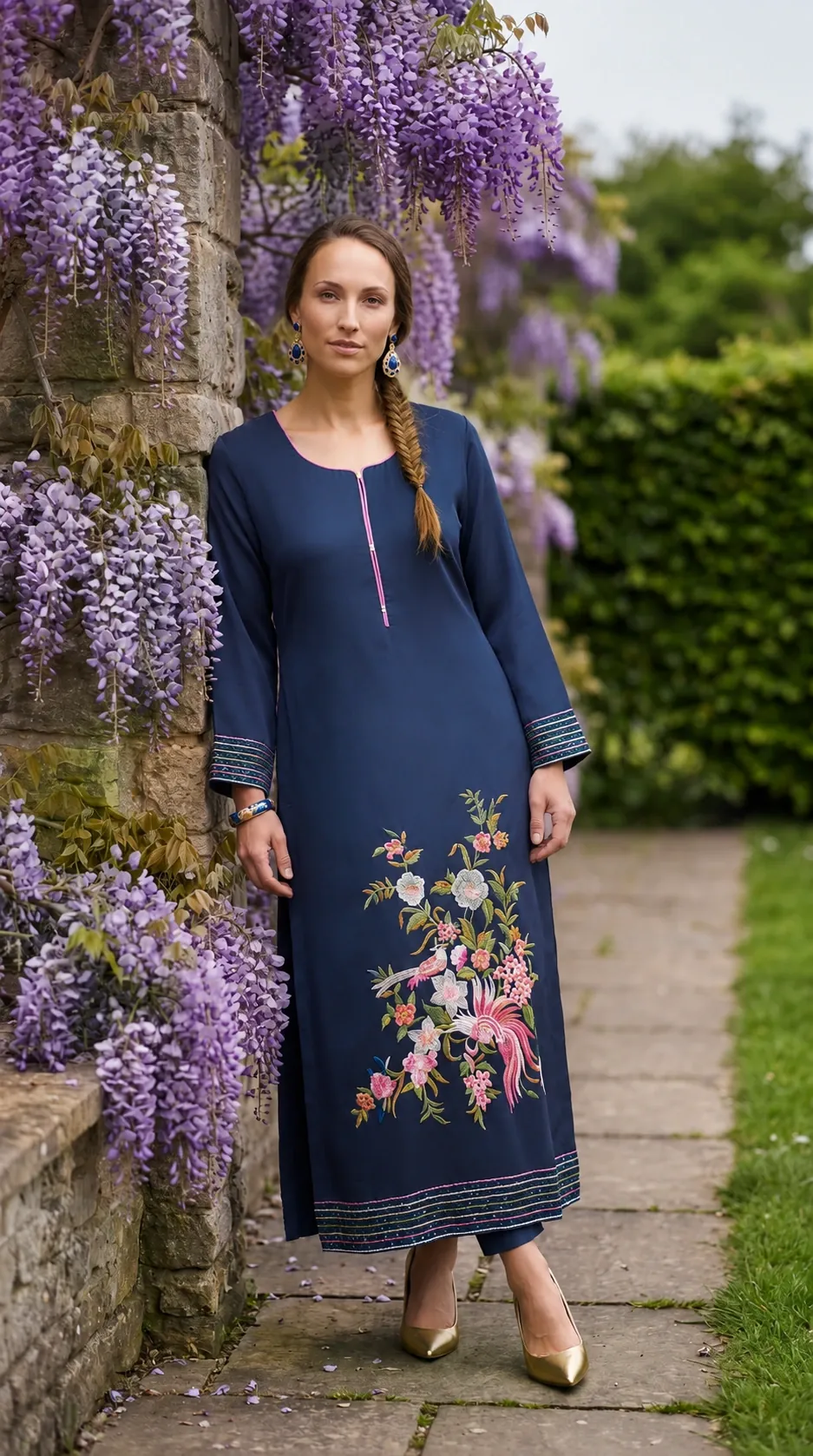 Made to order — deep indigo raw silk with an embroidered bird-and-blossom panel